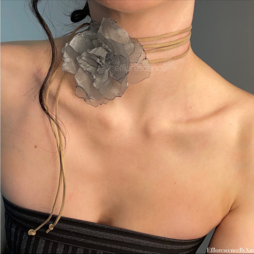 Handmade blue organza & suede flower choker
